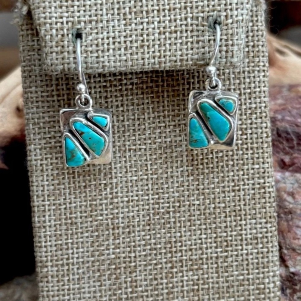 VTG 925 Sterling Silver Turquoise Cabochon Bezel Rectangle Dangle Earrings NEW! - Picture 2 of 4